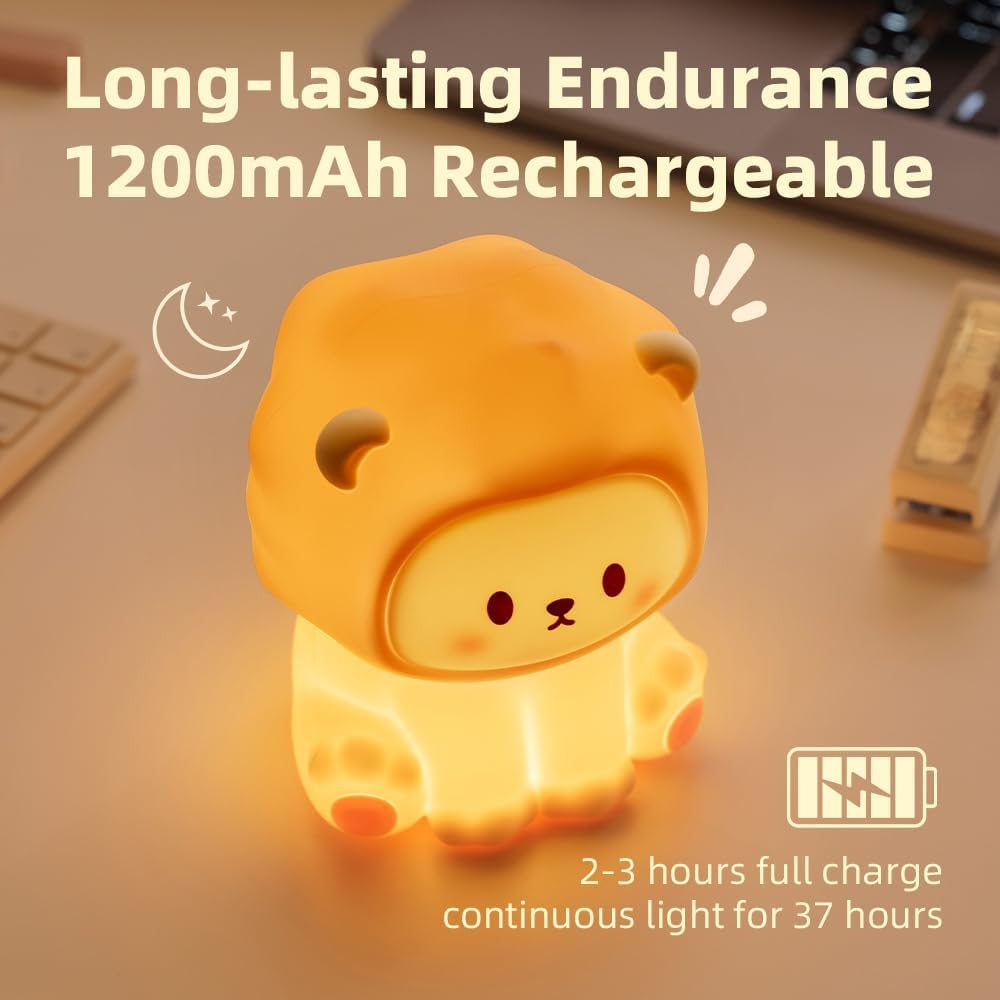 Cute Lion Night Light for Kids, Rechargeable Nursery Lamp with Timer, 3 Brightness Levels & Warm