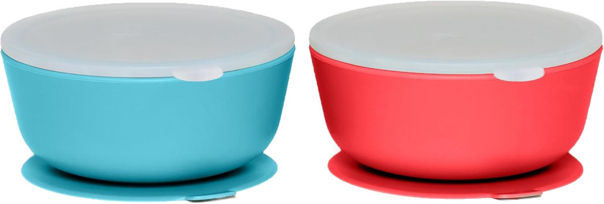 WeeSprout Suction Bowls for Baby & Toddlers (Set of 2) - 100% Silicone w/Plastic Lid - Leak Proof