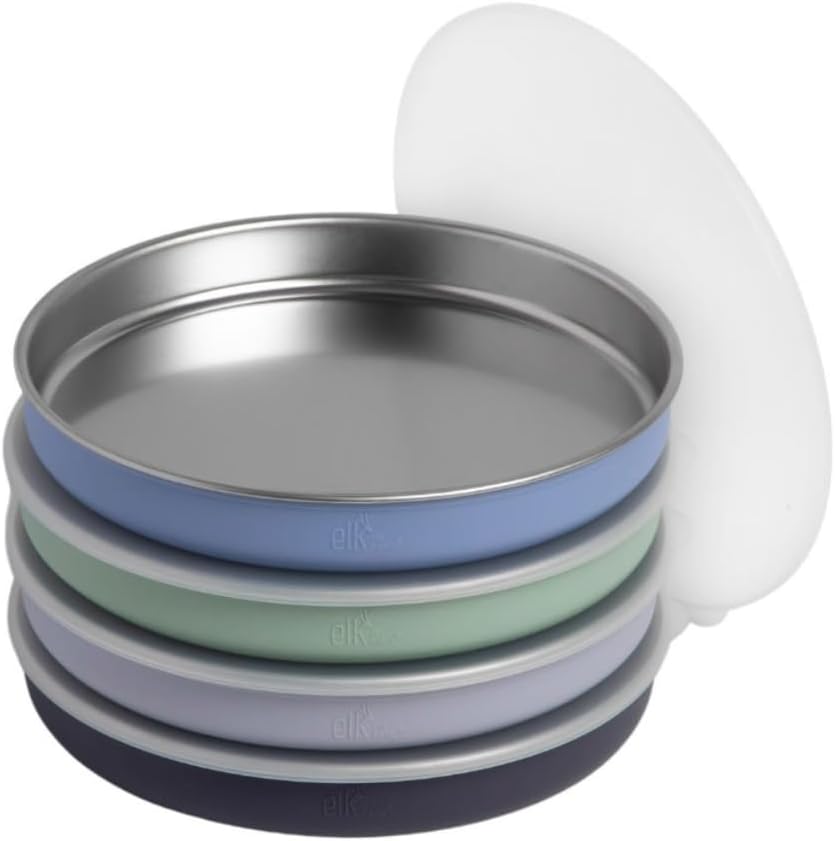 Elk and Friends 7.8” Stainless Steel Non Divided Plates with Silicone Sleeve + Storage Lid | Baby