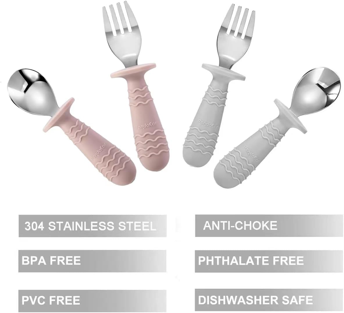 PandaEar 4 Set Baby Toddler Silicone Stainless Steel Utensils Silverware Spoon Fork for Baby