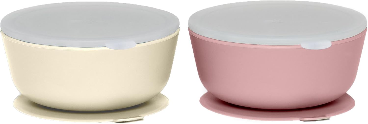 WeeSprout Suction Bowls for Baby & Toddlers (Set of 2) - 100% Silicone w/Plastic Lid - Leak Proof