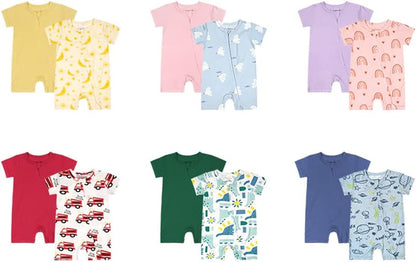 Teach Leanbh Baby Boys Girls 2 Pack Bamboo Viscose Pajamas 2 Way Zipper Short Sleeve Romper