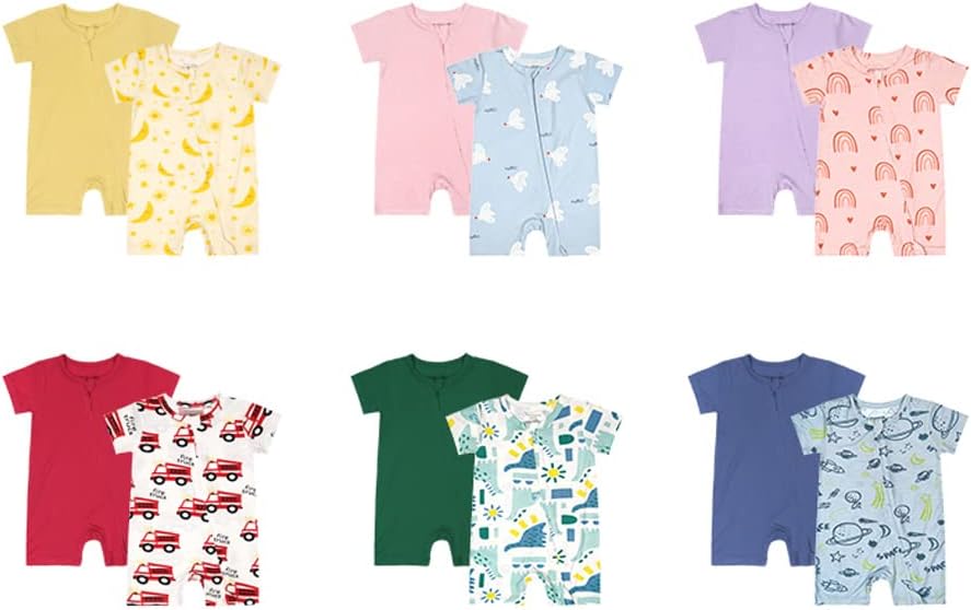 Teach Leanbh Baby Boys Girls 2 Pack Bamboo Viscose Pajamas 2 Way Zipper Short Sleeve Romper