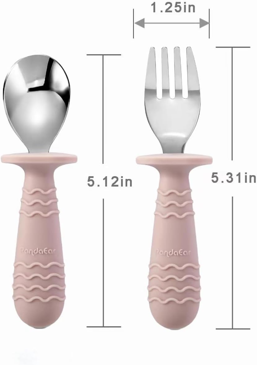 PandaEar 4 Set Baby Toddler Silicone Stainless Steel Utensils Silverware Spoon Fork for Baby