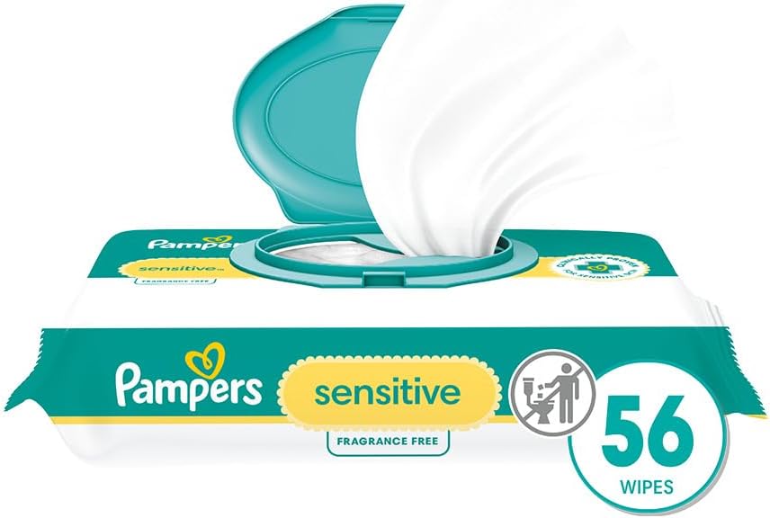 Pampers Baby Wipes Sensitive, Water Based Baby Wipes, Hypoallergenic and Unscented Baby Wipes, 56