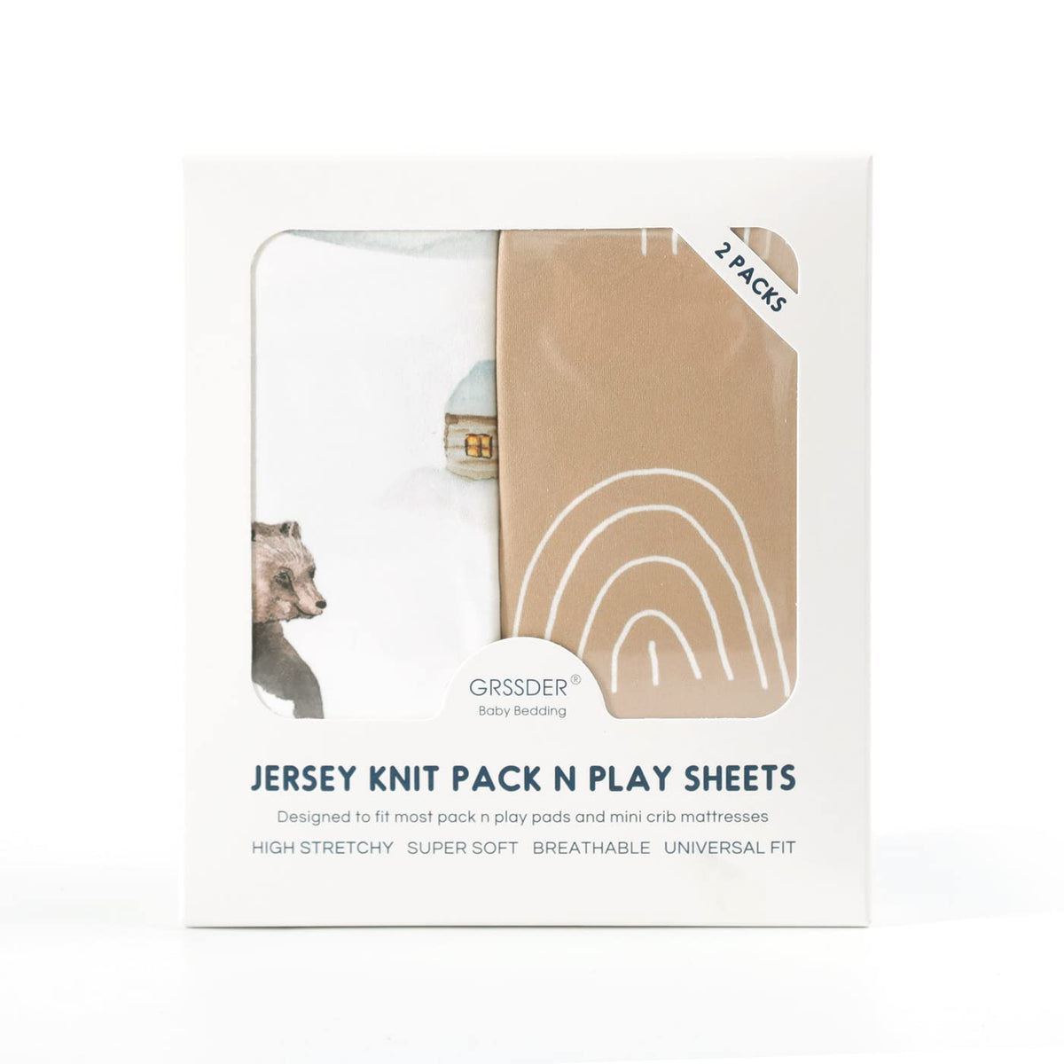 GRSSDER Stretchy Ultra Soft Jersey Knit Fitted Pack n Play Sheets Set 2 Pack, Neutral Portable/Mini