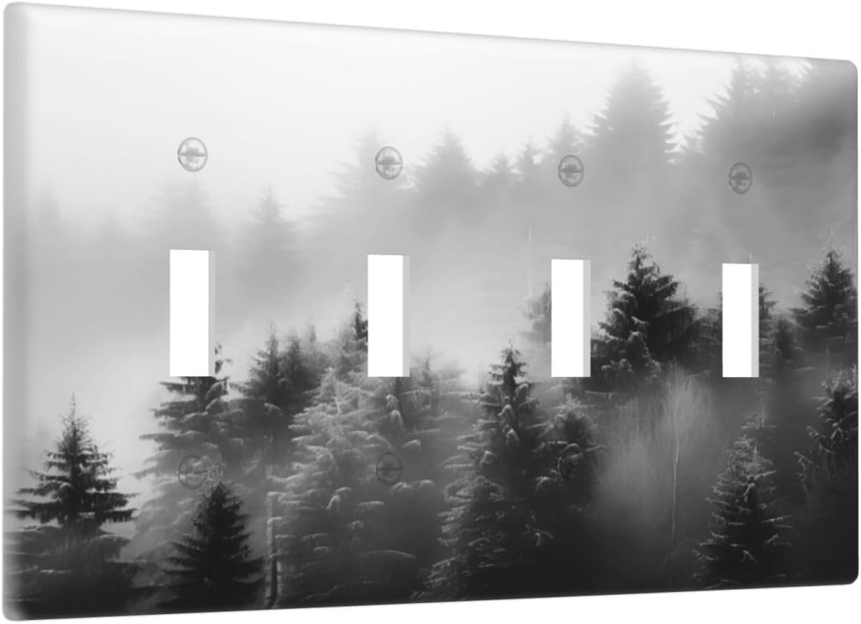 Foggy Forest Natural Scenery Retro Tree Pine Light Switch Covers Quad Toggle Electrical Faceplate 4