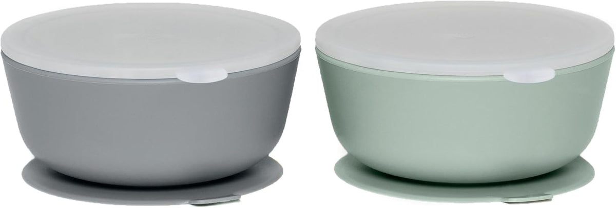 WeeSprout Suction Bowls for Baby & Toddlers (Set of 2) - 100% Silicone w/Plastic Lid - Leak Proof
