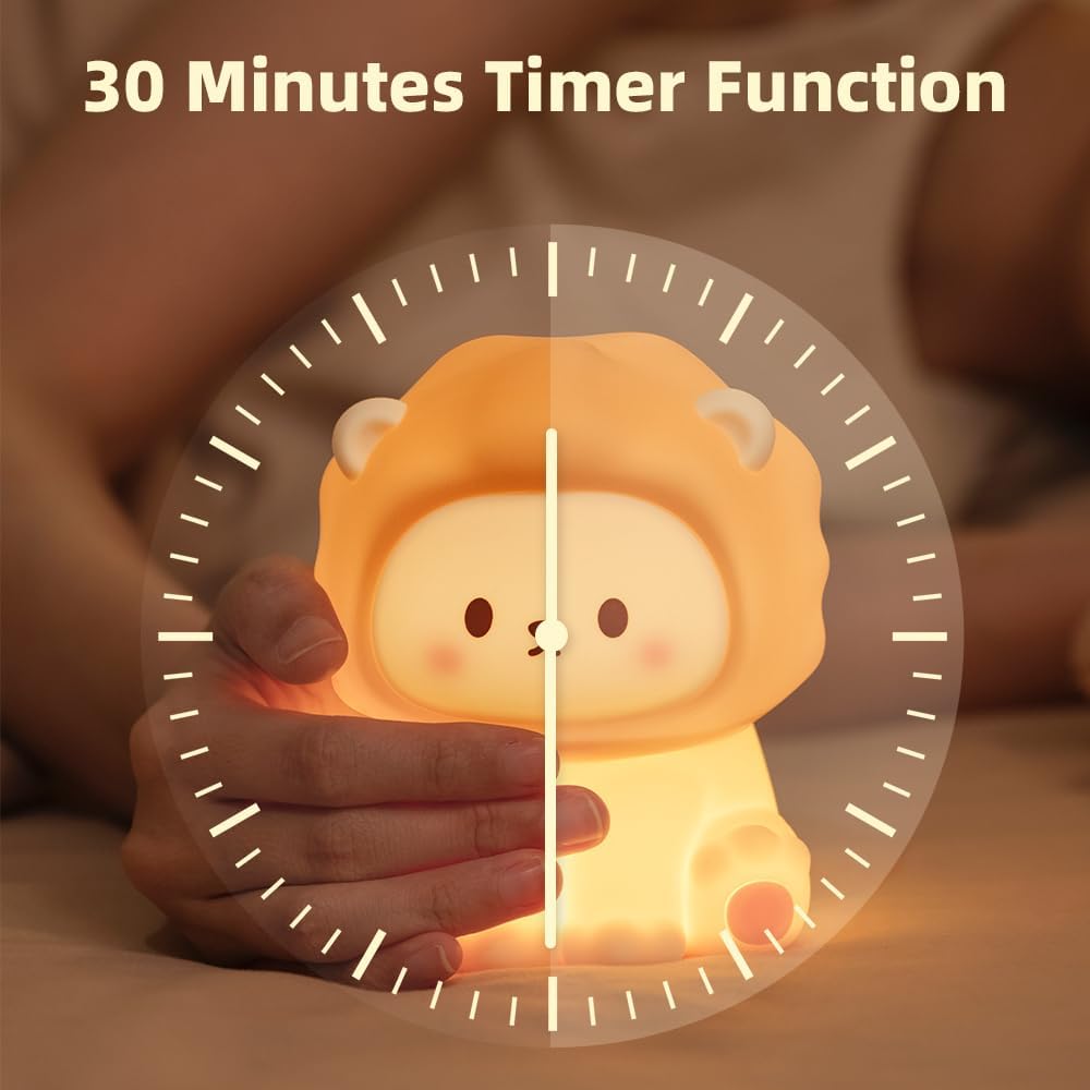 Cute Lion Night Light for Kids, Rechargeable Nursery Lamp with Timer, 3 Brightness Levels & Warm