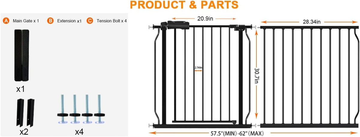 HOOEN 30" Tall Extra Wide Baby Gate for Stairs Doorways 57.5 to 62 Inch Large Long Dog Gates