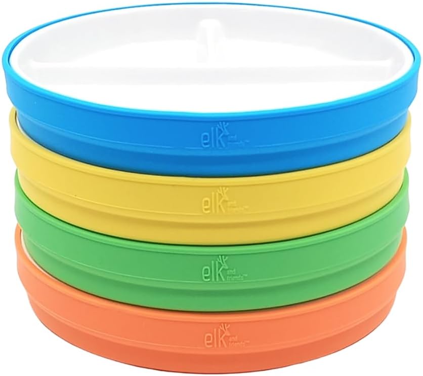 Elk and Friends Kids 7.8” Porcelain White Plates with Silicone Sleeves | Divided Plates | Suitable