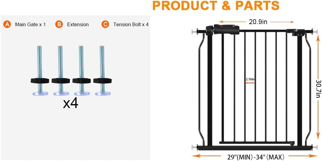 HOOEN Narrow Baby Gate for Stairs - 29 to 34 Inch Wide with Door, Metal Tension Pressure Mounted