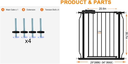 HOOEN Narrow Baby Gate for Stairs - 29 to 34 Inch Wide with Door, Metal Tension Pressure Mounted