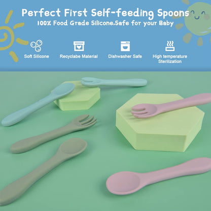 Vicloon Silicone Baby Fork and Spoon Set, 6PCS Baby Led Weaning Utensils, First Stage Feeding Set