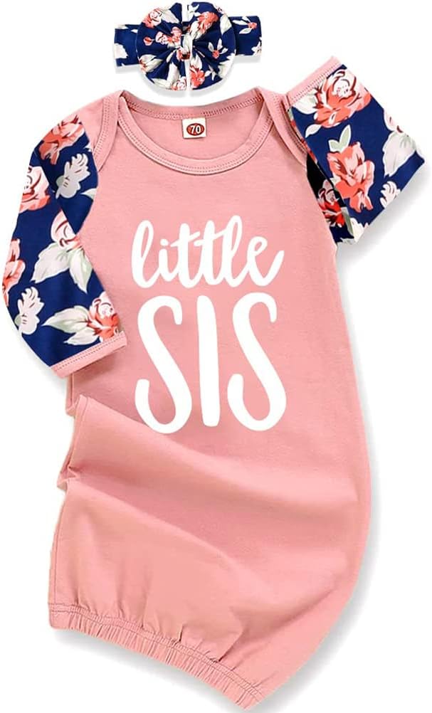 AMAWMW Newborn Baby Girl Little Sister Sleeper Gown Stripe Long Sleeve Nightgown Pajamas Gifts