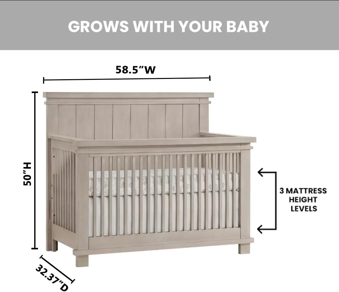 Soho Baby Hampton Premium 4-in-1 Convertible Crib, Flat-Top Headboard, Smooth Stone Wash