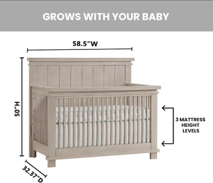 Soho Baby Hampton Premium 4-in-1 Convertible Crib, Flat-Top Headboard, Smooth Stone Wash