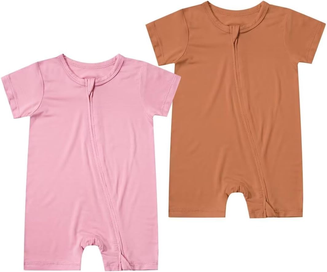 Teach Leanbh Unisex Baby 2 Pack Bamboo Viscose Pajamas Short Sleeve 2 Way Zipper Romper Jumpsuit