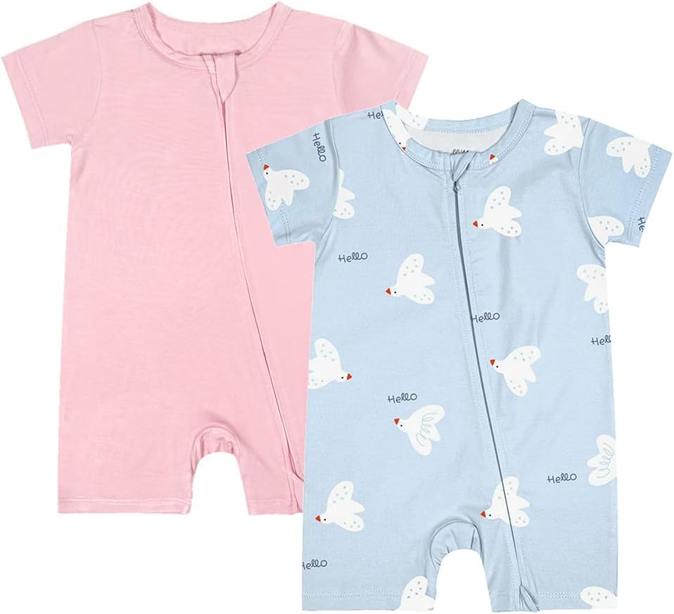 Teach Leanbh Baby Boys Girls 2 Pack Bamboo Viscose Pajamas 2 Way Zipper Short Sleeve Romper