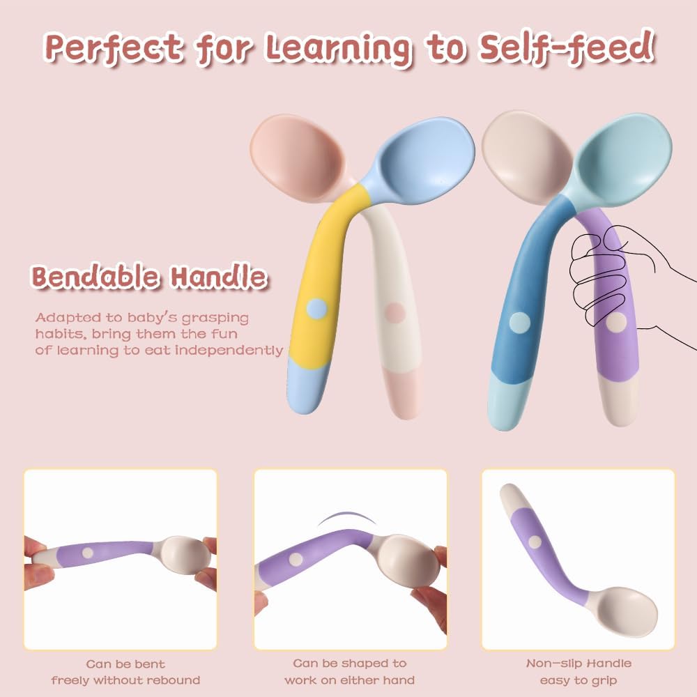 Baby Utensils Spoons and Forks Set Bendable Self-Feeding Silverware for Toddler Children with
