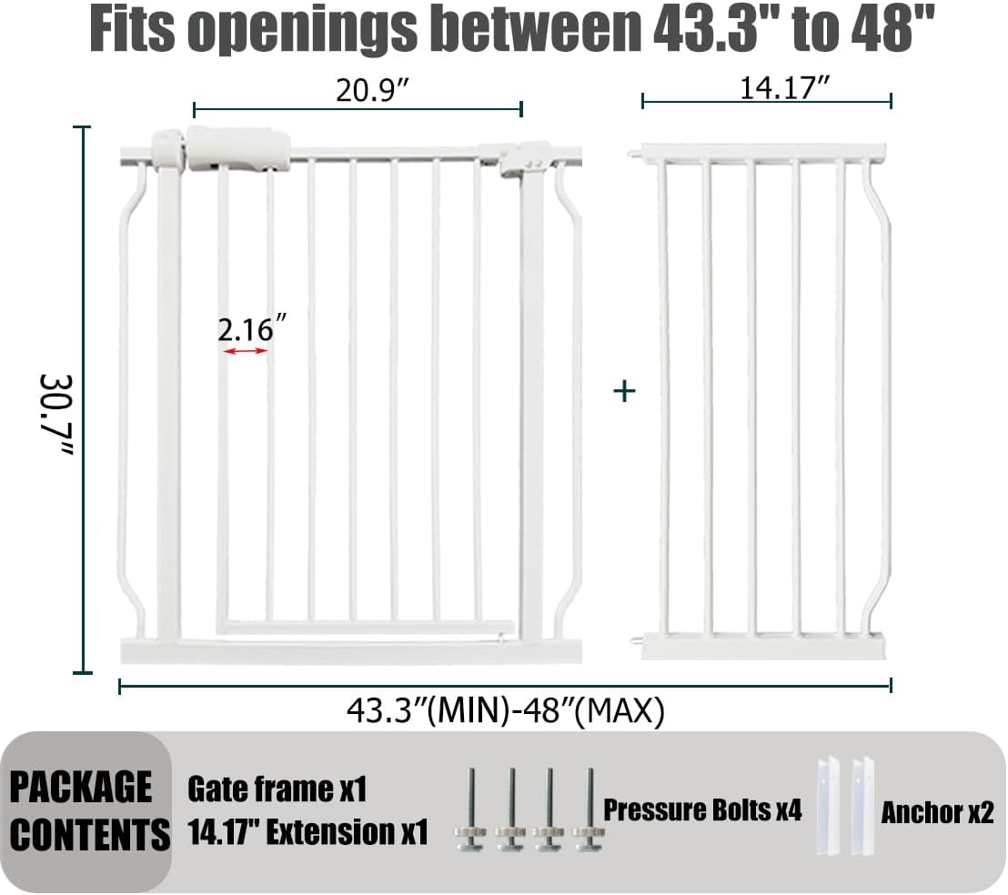 Extra Wide Baby Gate - 43.3-48 Inch Tension Mounted Safety Child & Pet Gate - White Metal - Walk
