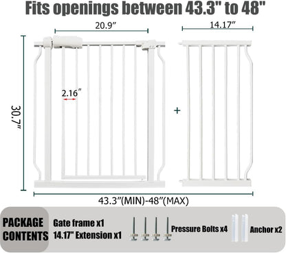 Extra Wide Baby Gate - 43.3-48 Inch Tension Mounted Safety Child & Pet Gate - White Metal - Walk