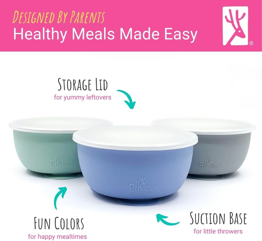 Elk and Friends Stainless Steel Bowls with Silicone Sleeve for Babies & Toddlers | Lids Included |