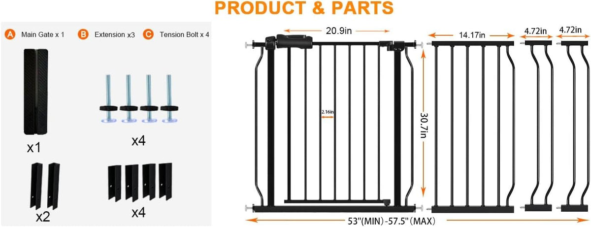 HOOEN 30" Tall Extra Wide Baby Gate for Doorways Stairs 53 to 57.5 Inch Large Long Wide Pressure