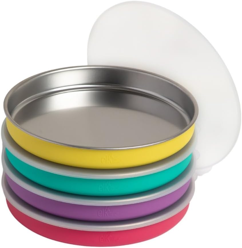 Elk and Friends 7.8” Stainless Steel Non Divided Plates with Silicone Sleeve + Storage Lid | Baby