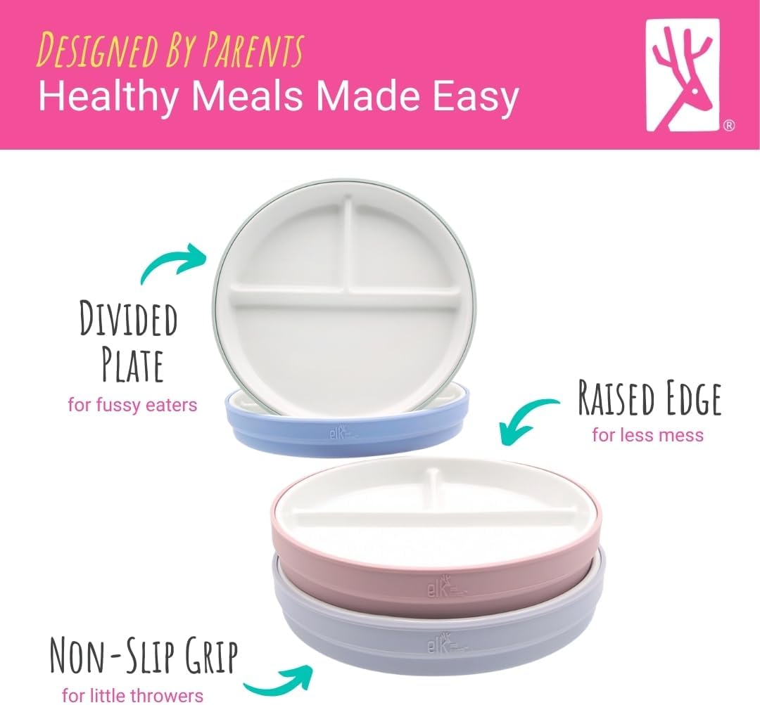 Elk and Friends Kids 6.7” Porcelain Divided Plates with Silicone Sleeves | Suitable for