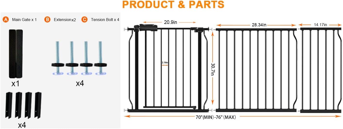 HOOEN 30" Tall Extra Wide Baby Gates 67 to 71.5 Inch Large Long Pressure Mounted Dog Gate for