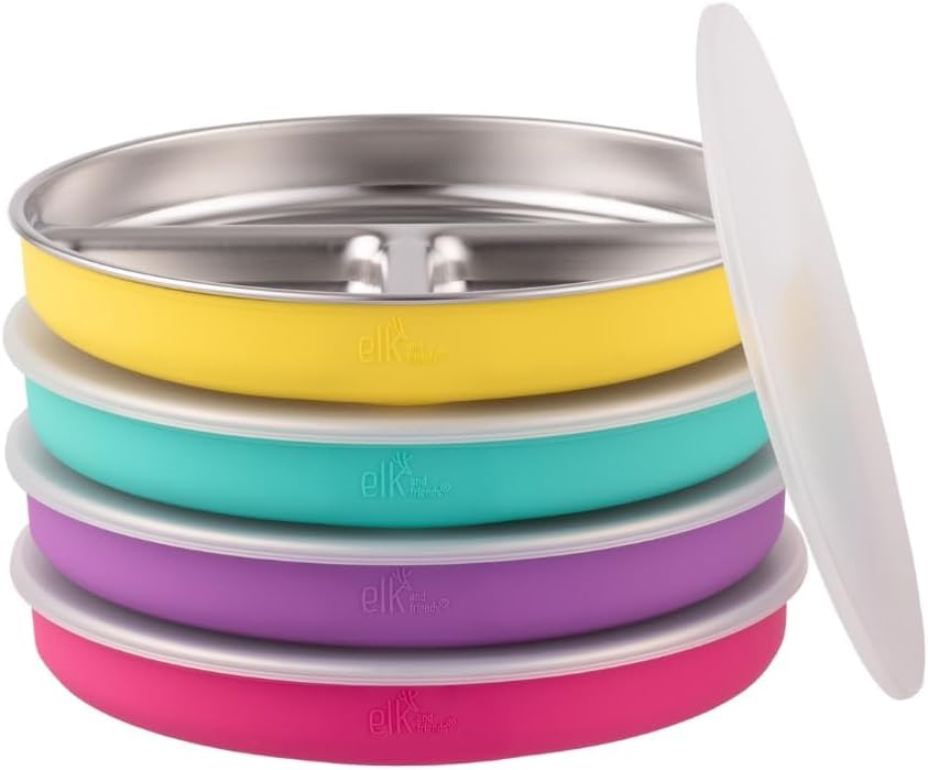 Stainless Steel Divided Plates + Silicone Sleeve and Storage Lid | Baby, Toddler, Kids | Dinner &