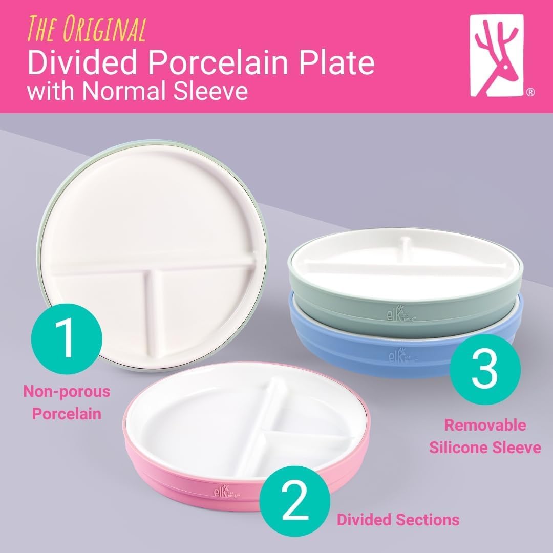 Elk and Friends Kids 6.7” Porcelain Divided Plates with Silicone Sleeves | Suitable for
