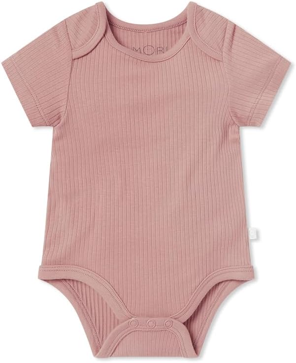 MORI Baby Ribbed Short Sleeve Bodysuit with Envelope Neck and Nickel Free Poppers - Unisex Toddler