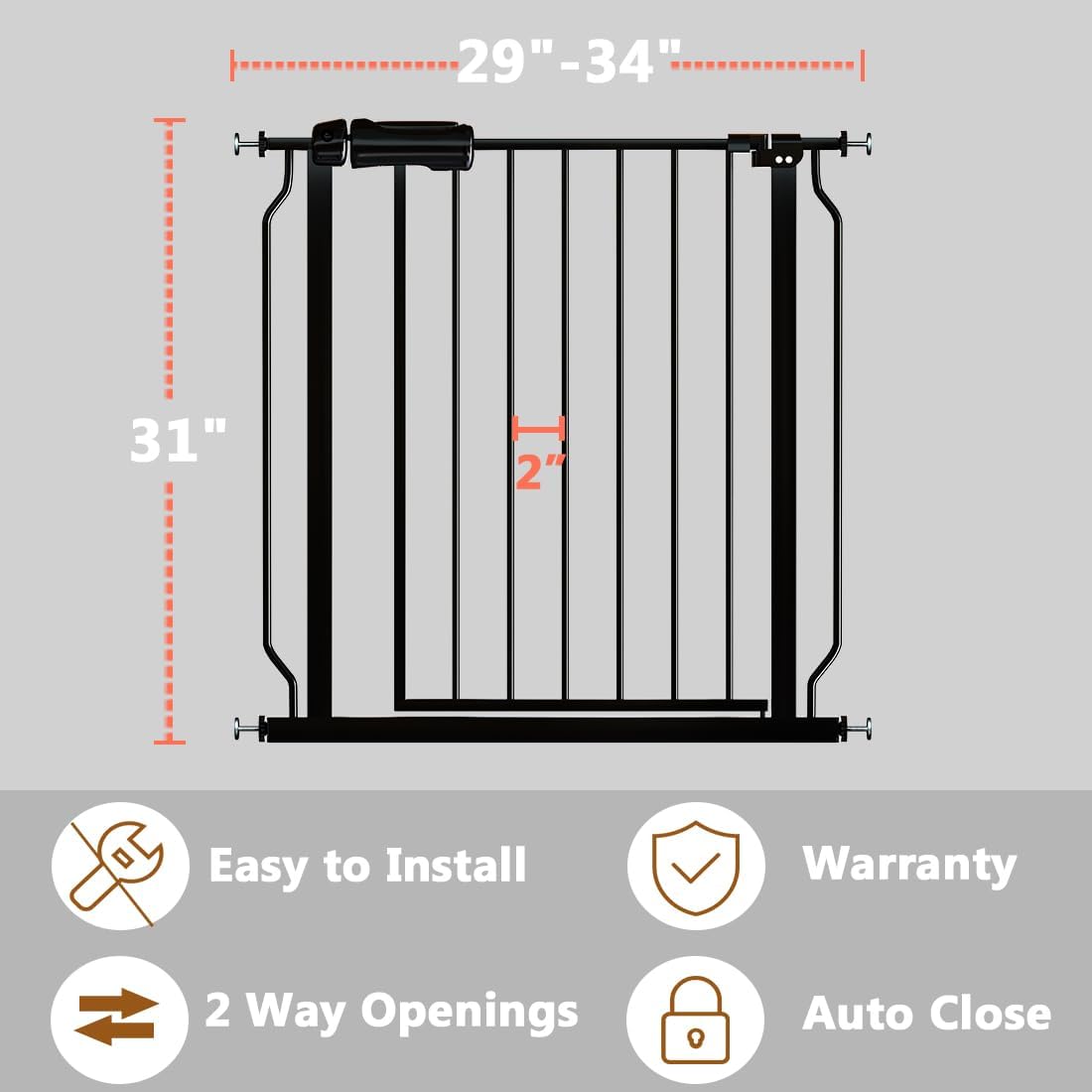 Fairy Baby Walk Through Black Baby Gate 29-34 Inch Wide, Pressure Mounted Safety Gate with Door No