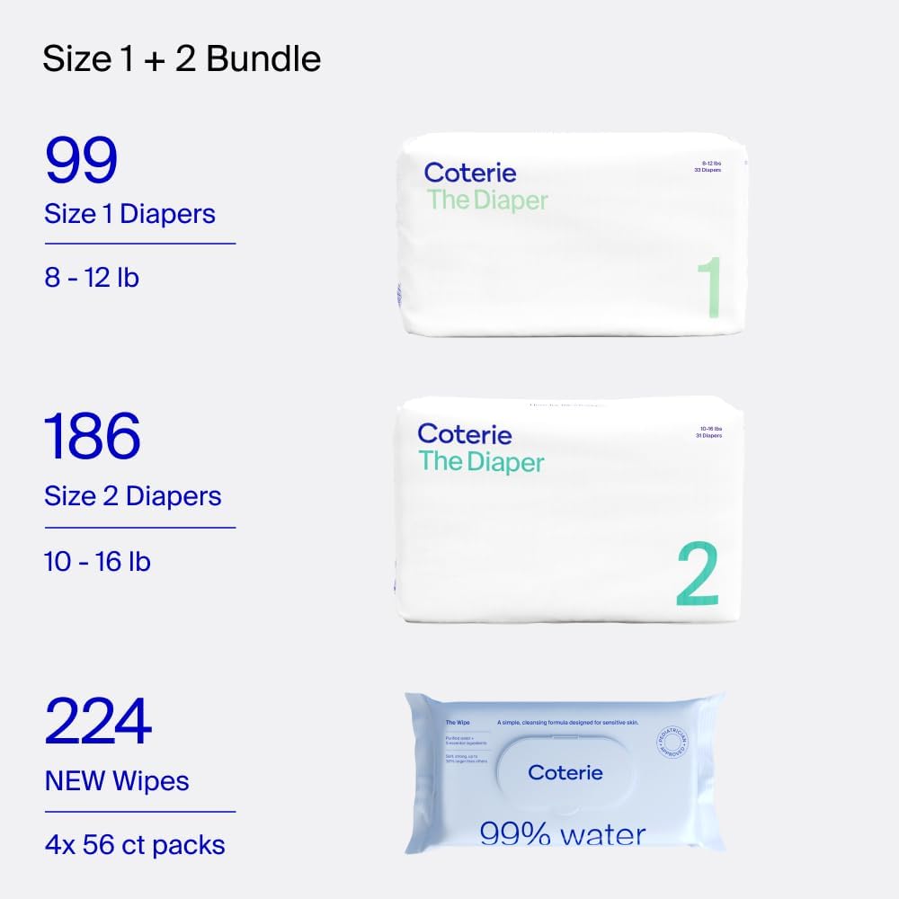 Coterie Baby Wipes + Diapers Kit, Size 1 (99 Count) & Size 2 Diapers (186 Count), 4 Pack (224) Baby