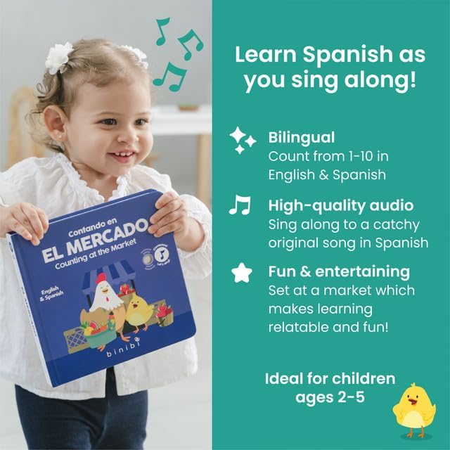 Binibi Spanish Musical Book - Counting at The Market | Bilingual Children's Book for Babies &