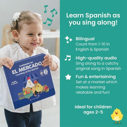 Binibi Spanish Musical Book - Counting at The Market | Bilingual Children's Book for Babies &