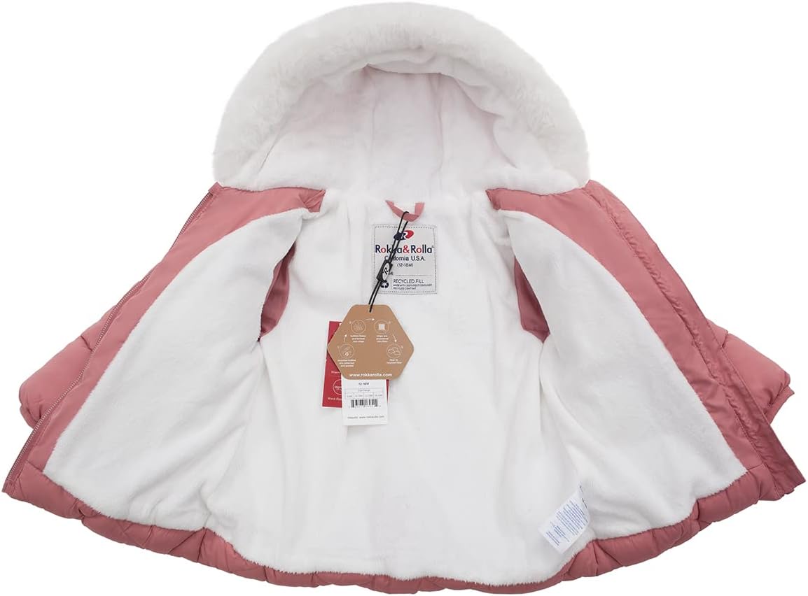 Rokka&Rolla Baby Girls' Water-Resistant Puffer Jacket Hooded Winter Coat with Soft Mini Fur Lining