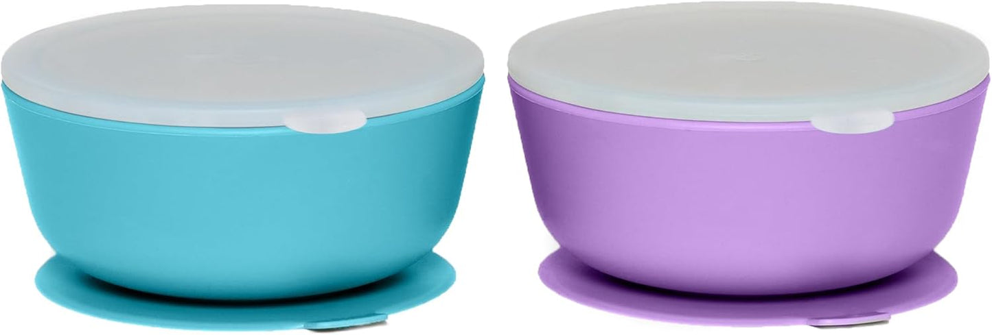 WeeSprout Suction Bowls for Baby & Toddlers (Set of 2) - 100% Silicone w/Plastic Lid - Leak Proof