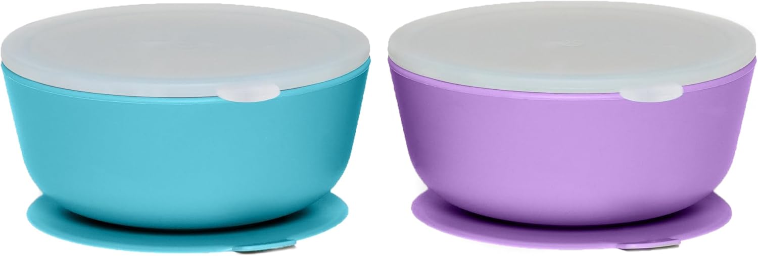 WeeSprout Suction Bowls for Baby & Toddlers (Set of 2) - 100% Silicone w/Plastic Lid - Leak Proof