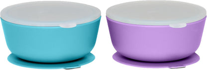 WeeSprout Suction Bowls for Baby & Toddlers (Set of 2) - 100% Silicone w/Plastic Lid - Leak Proof