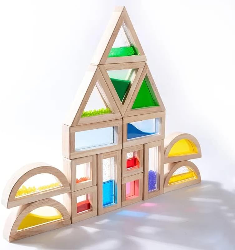 Large Wooden Building Blocks for Toddlers Baby Kids 16 Pcs Rainbow Blocks Geometry Sensory Stacking