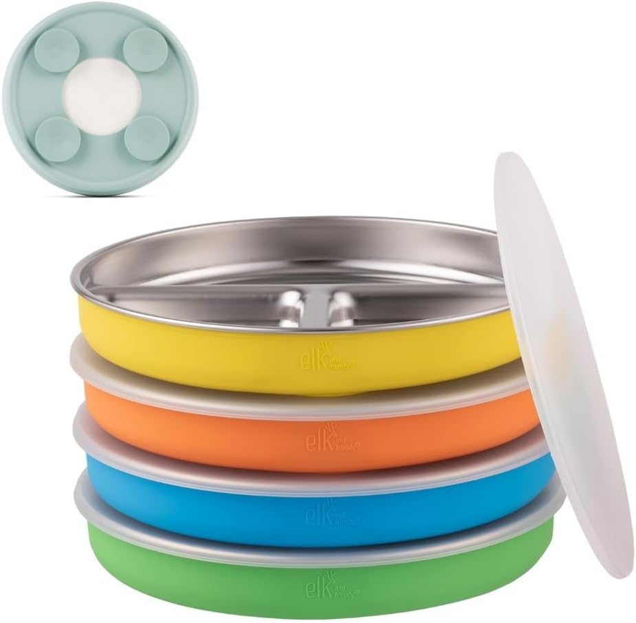 Elk and Friends Stainless Steel Divided Plates with Silicone Sleeve for Babies & Toddlers | Lids