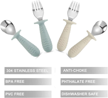 PandaEar 4 Set Baby Toddler Silicone Stainless Steel Utensils Silverware Spoon Fork for Baby