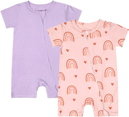 Teach Leanbh Baby Boys Girls 2 Pack Bamboo Viscose Pajamas 2 Way Zipper Short Sleeve Romper