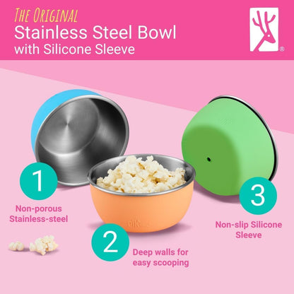 Elk and Friends Stainless Steel Bowls + Silicone Sleeve and Storage Lid | Baby, Toddler, Kids |