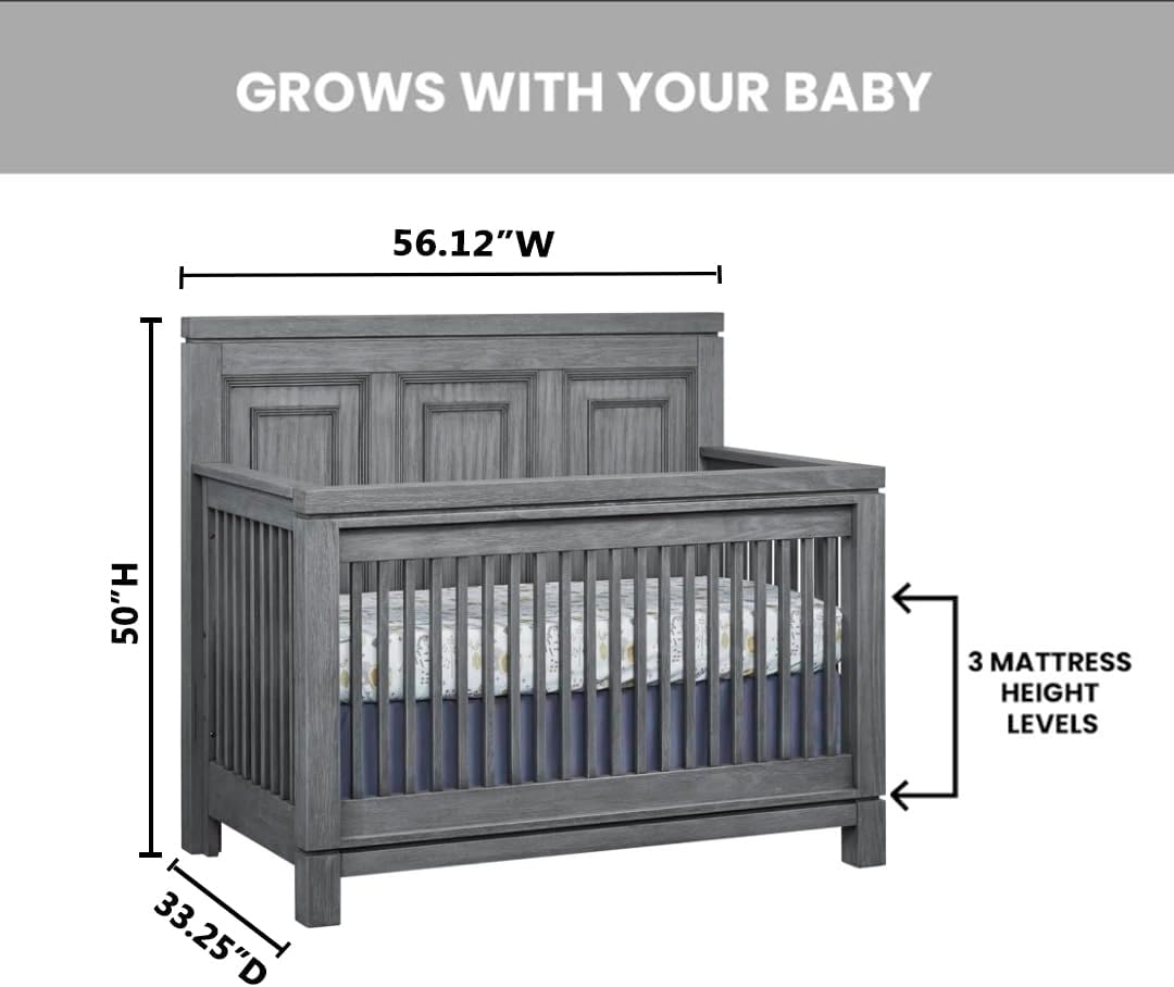 Soho Baby Manchester Premium 4-in-1 Convertible Crib, Flat-Top Headboard, Rustic Gray, GreenGuard