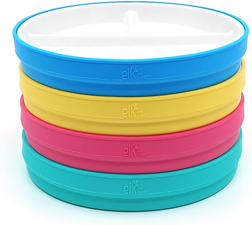 Elk and Friends Kids 6.7” Porcelain Divided Plates with Silicone Sleeves | Suitable for