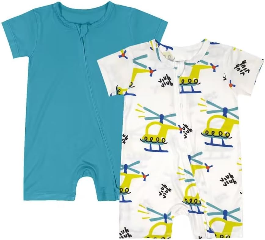 Teach Leanbh Baby Boys Girls 2 Pack Bamboo Viscose Pajamas 2 Way Zipper Short Sleeve Romper